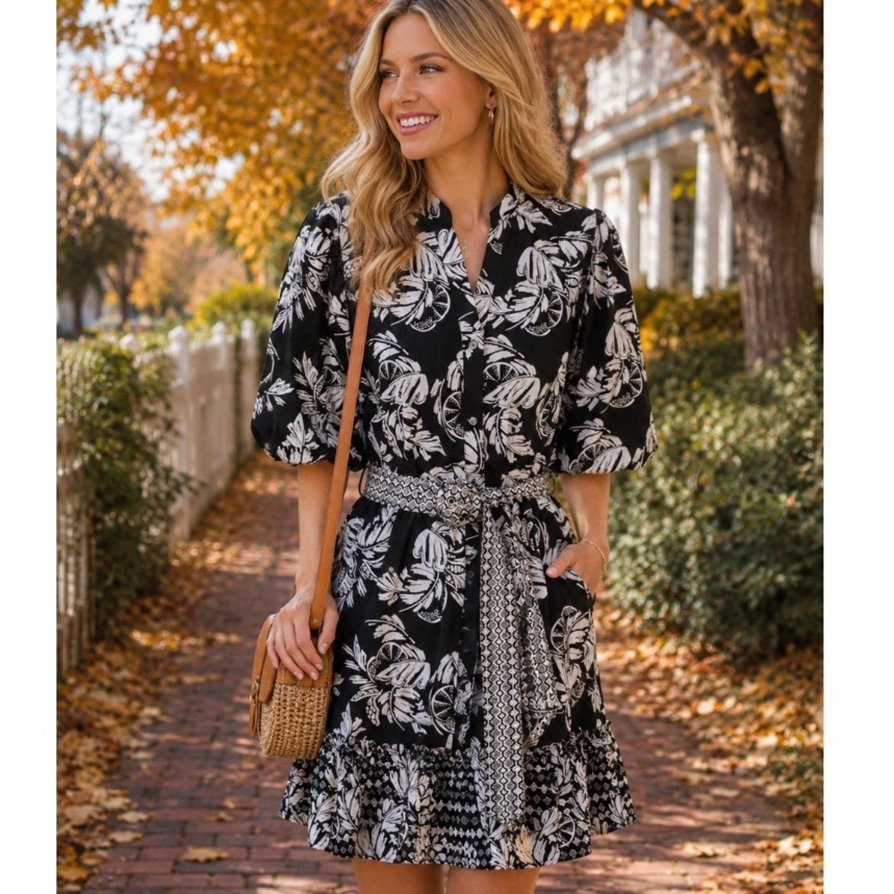 Crown & Ivy‎ Tropical Leaf sz M Belted Ruffle Mini Dress Black White Floral